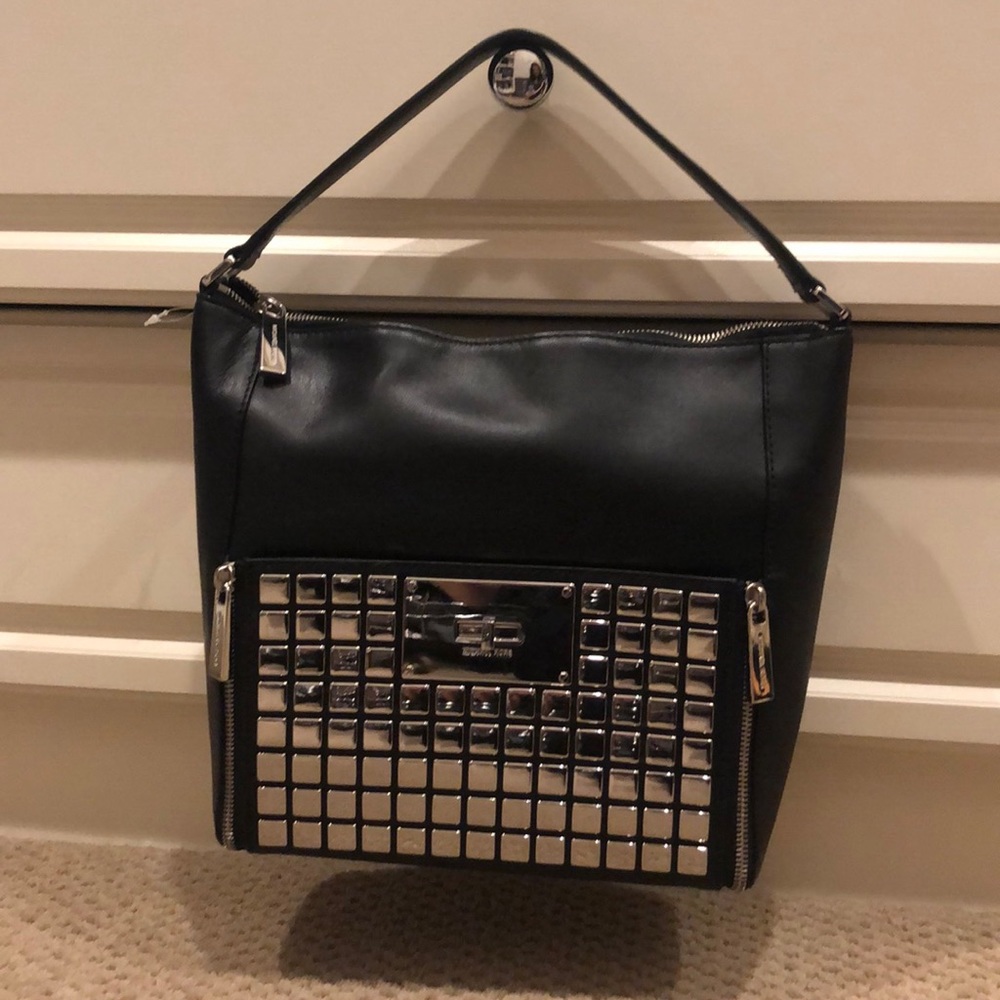 NWOT Michael Kors Black Bag, Silver Tile Front - Picture 2 of 8